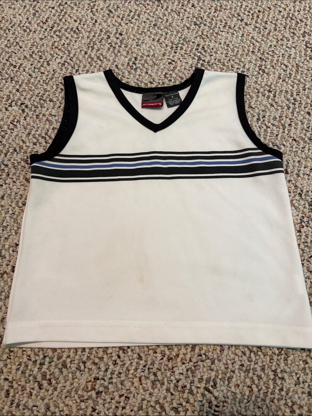 Pro Spirit White Tank Top with Black Trim and Blue Stripe Detail. Child’s Small